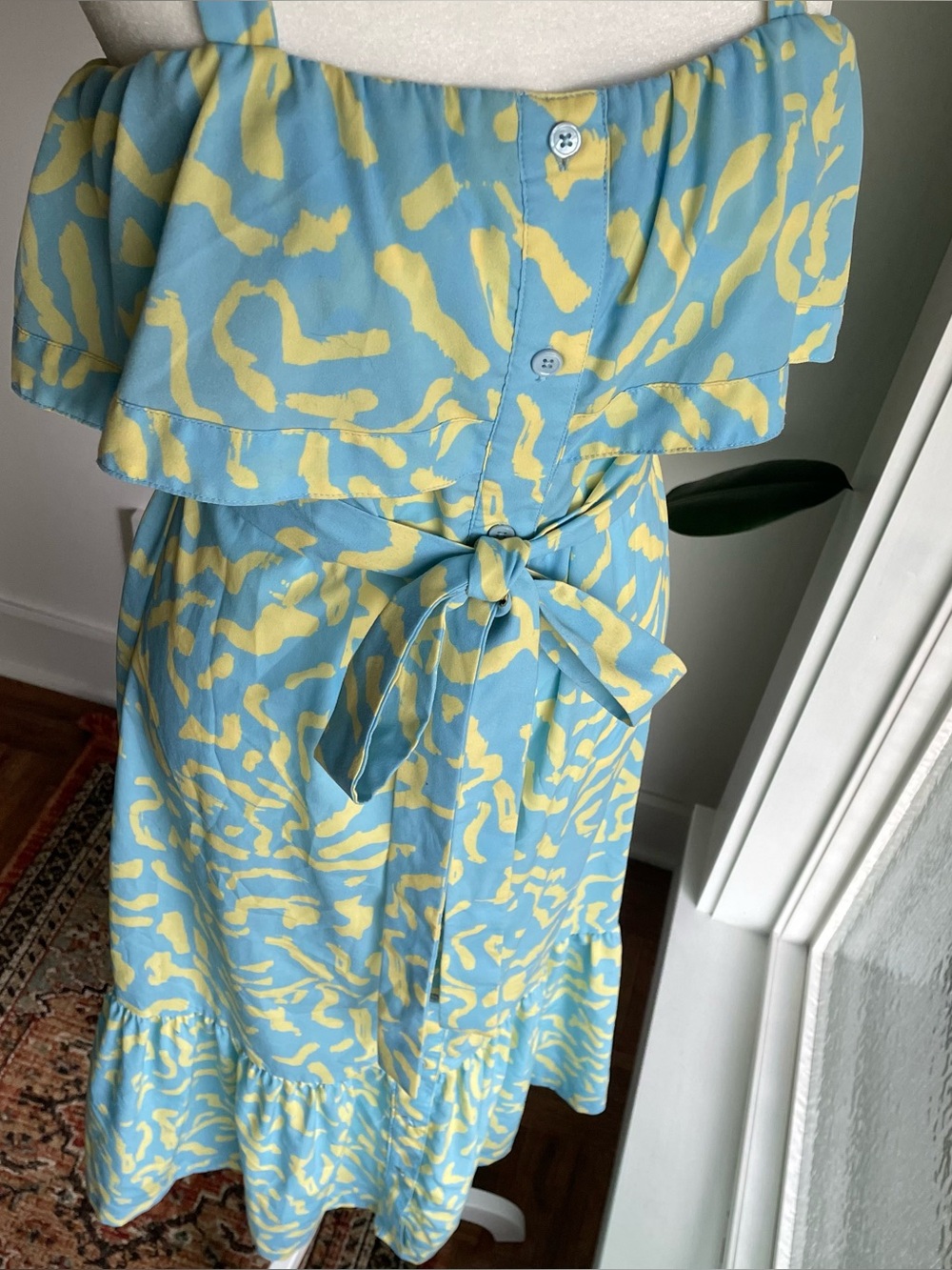Derek Lam Blue yellow Scribble Print Tie Midi Dress Size 42 US 6 /Medium - Picture 7 of 11